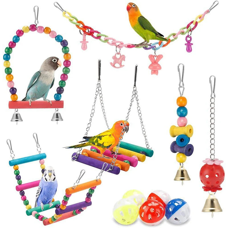 11Pcs Natural Wood Bird Cage Toys – Swing, Bridge & Chew Set for Parrots