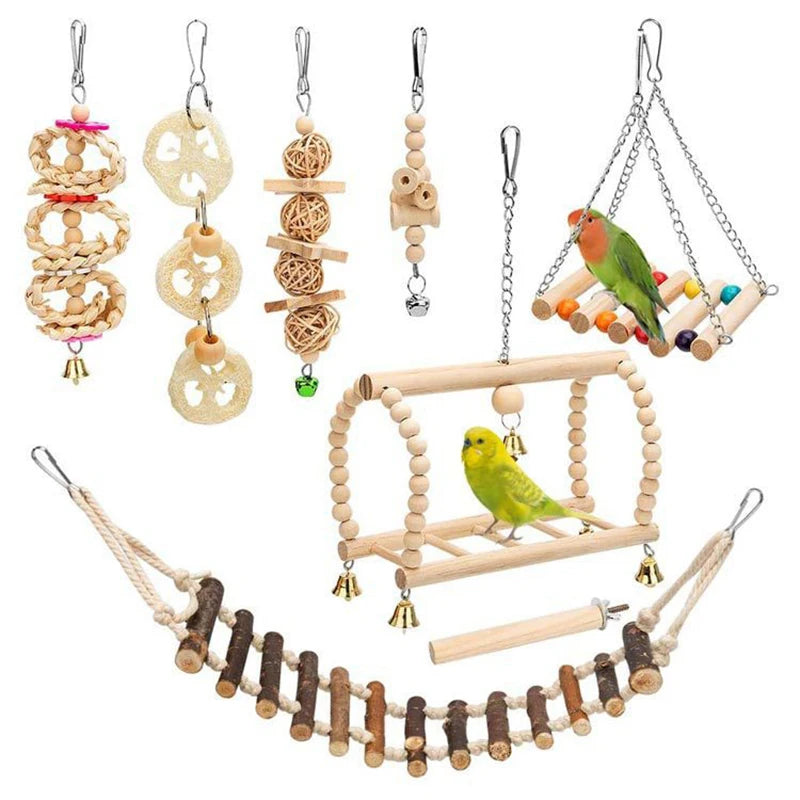8PCS Set Combination  Wood Articles Bite Pet Bird Toys