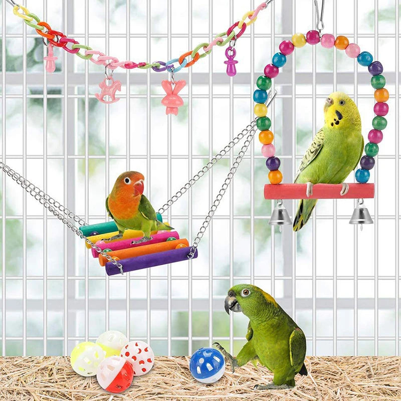 11Pcs Natural Wood Bird Cage Toys – Swing, Bridge & Chew Set for Parrots