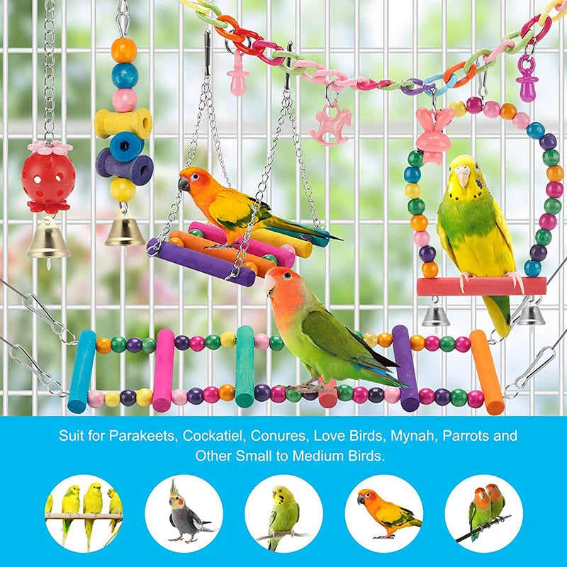 11Pcs Natural Wood Bird Cage Toys – Swing, Bridge & Chew Set for Parrots