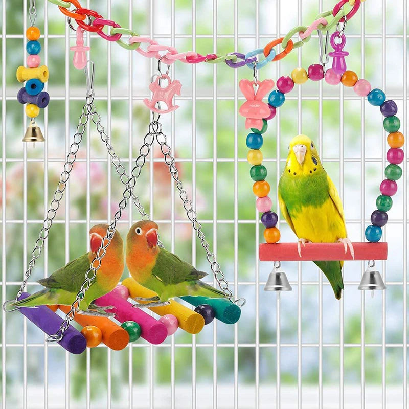 11Pcs Natural Wood Bird Cage Toys – Swing, Bridge & Chew Set for Parrots